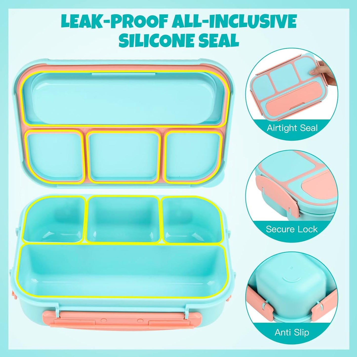 MaMix Bento Lunch Box Adult, Kids, Lunch Containers for Adults/Kids/Students,1300ML-4 Compartment (Blue)