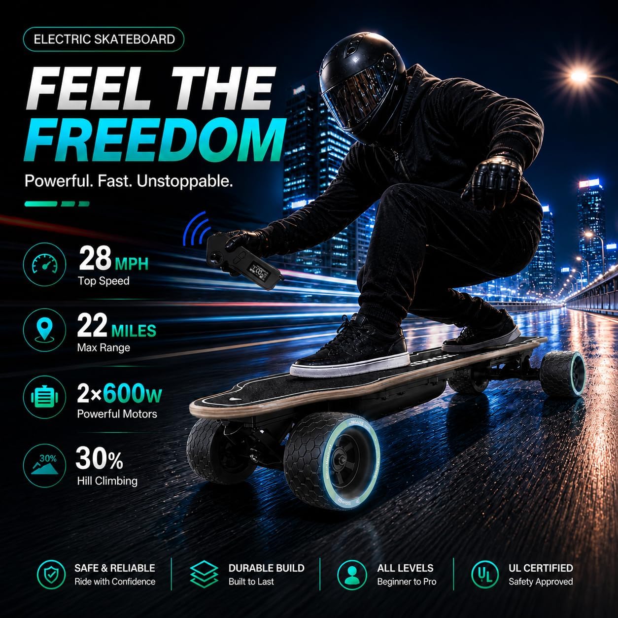V4 Electric Skateboard with Remote,28MPH Top Speed, 22 Miles Range,2X500W Hub-Motor, Electric Longboard for Adults & Teens Beginners
