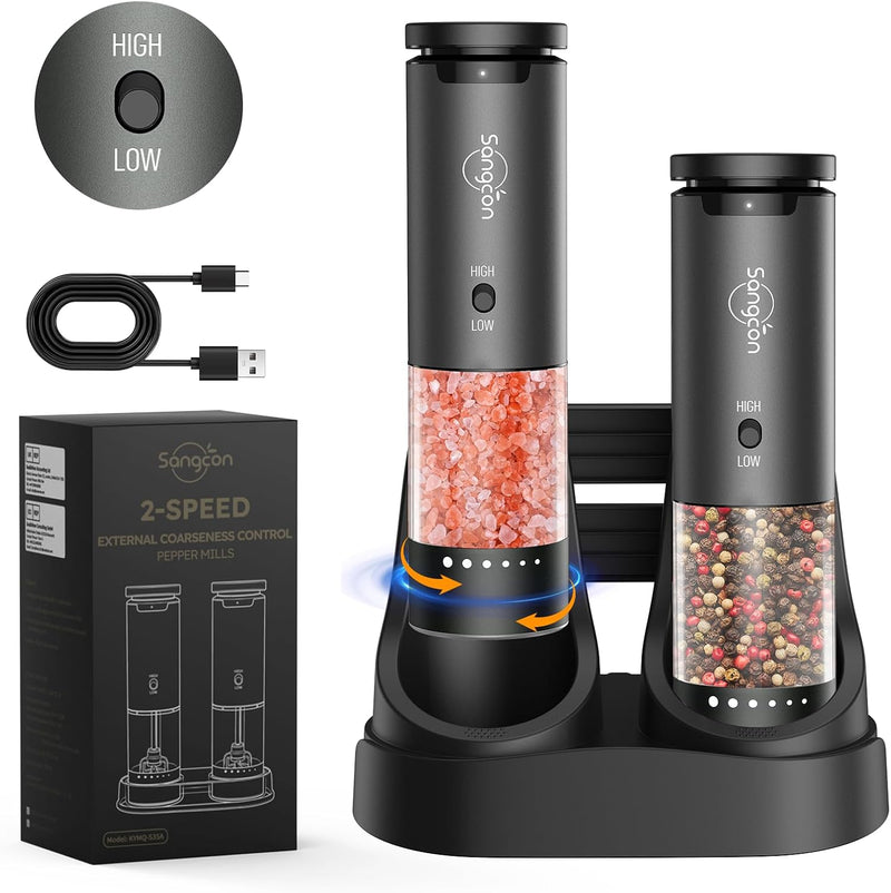 Sangcon 2-Speed Rechargeable Electric Salt and Pepper Grinder Set, 6 External Adjustable Coarseness Levels, Automatic Salt & Pepper Mill Shakers Set with Storage Base, One-Handed Operation, Silver