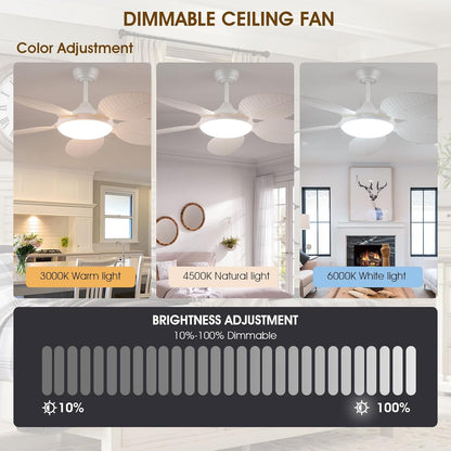 Wiviniya Ceiling Fans with Lights and Remote/APP Control, 44 Inch Tropical Palm Leaf Ceiling Fan with LED Lights, Outdoor Ceiling Fans for Patios Porch, Reversible Quiet Motor, Dimmable, Light Brown