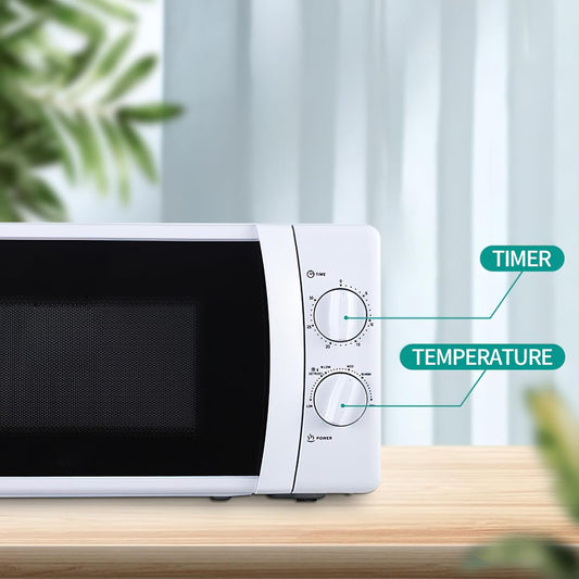 Compact Mechanical Microwave Oven, White, 20L Capacity, Manual Control with Timer and Temperature Dials, Countertop Kitchen Appliance