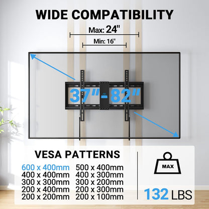 PERLESMITH Fixed TV Wall Mount Bracket Low Profile for 32-82 inch LED, LCD, and OLED Flat Screen TVs - Fits 16”- 24” Wood Studs, Fixed TV Mount with VESA 600 x 400mm Holds up to132lbs (PSLLK1), Black