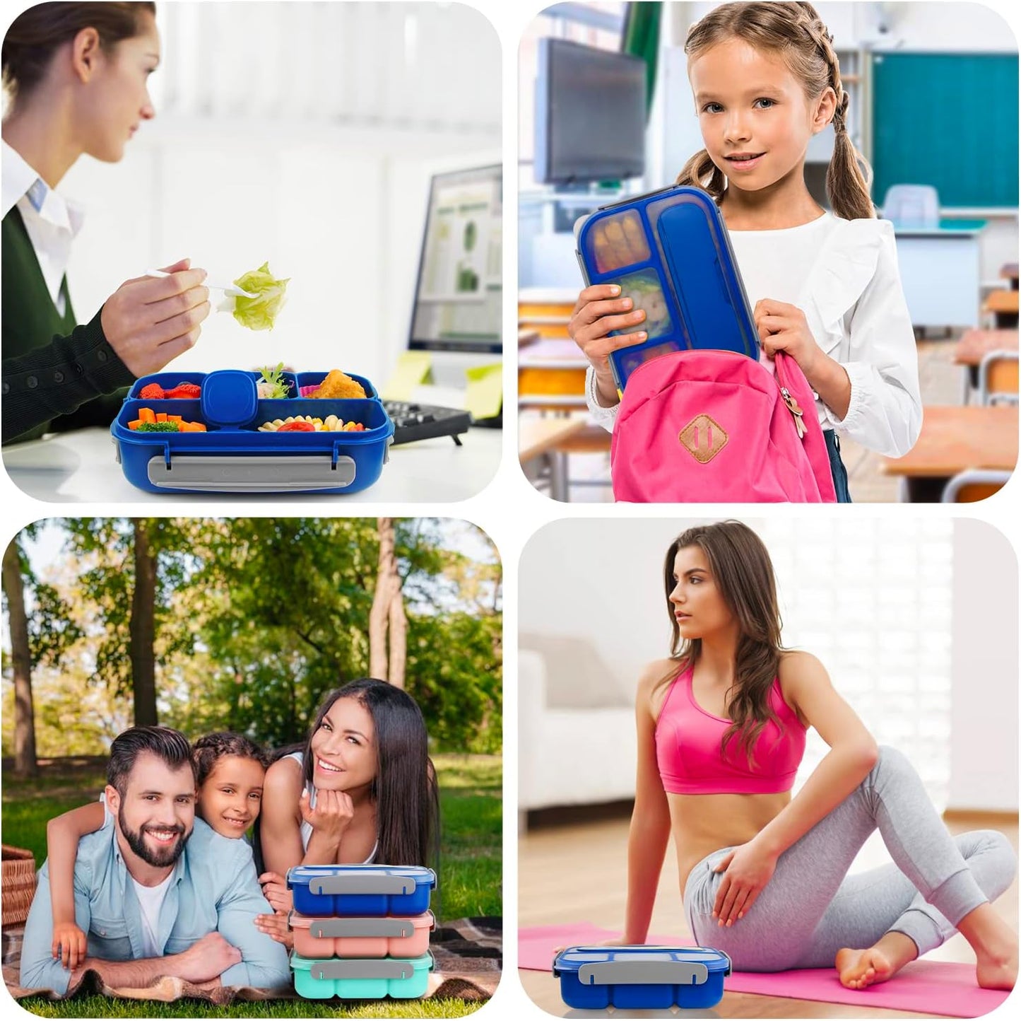 MaMix Bento Lunch Box Adult, Kids, Lunch Containers for Adults/Kids/Students,1300ML-4 Compartment (Blue)