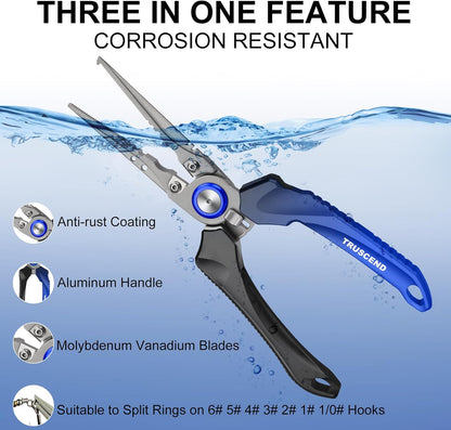TRUSCEND Lockable Handy Fishing Pliers with Innovative Ergonomic Handle, Saltwater Corrosion Resistant Teflon Coated Fishing Tool, Multi-Function Fishing Gear with Mo-V Cutter, Amazing Fishing Gift