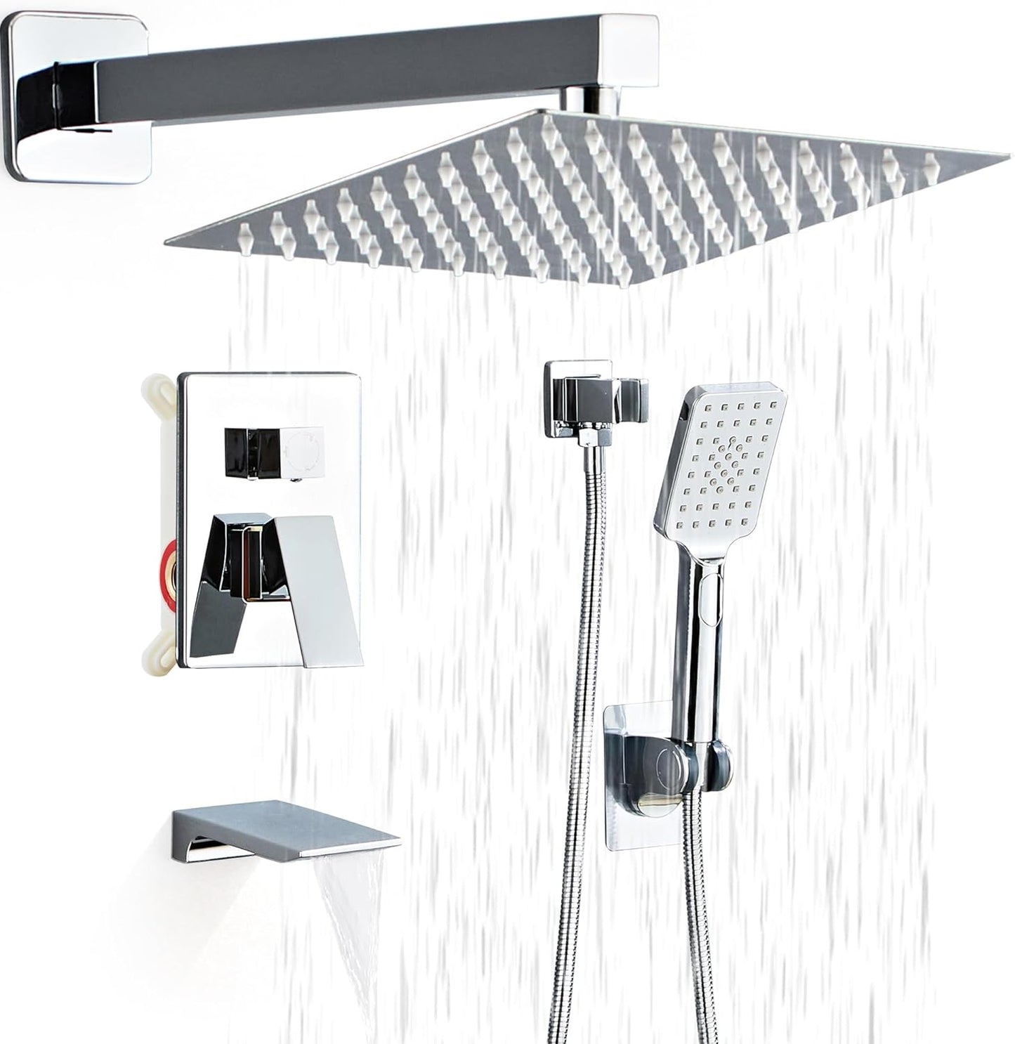 LCEVCGK Shower Faucet Set Complete Matte Black Shower System with 8 inch Square Rainfall Shower Head 3-Function Handheld Shower Waterfall Bathtub Spout Rain Shower Combo Set Bathroom Wall Mounted