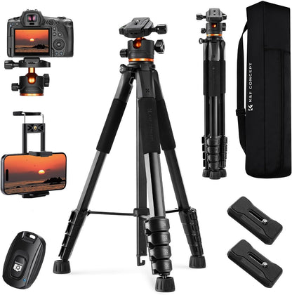 K&F Concept Tripod, 75" Camera Tripod with Remote and 2-in-1 Phone Holder,Travel Phone Tripod with 360° Rotation Metal Ball Head Load Capacity 17.6lbs,Lightweight Outdoor Tripods for DSLR Camera