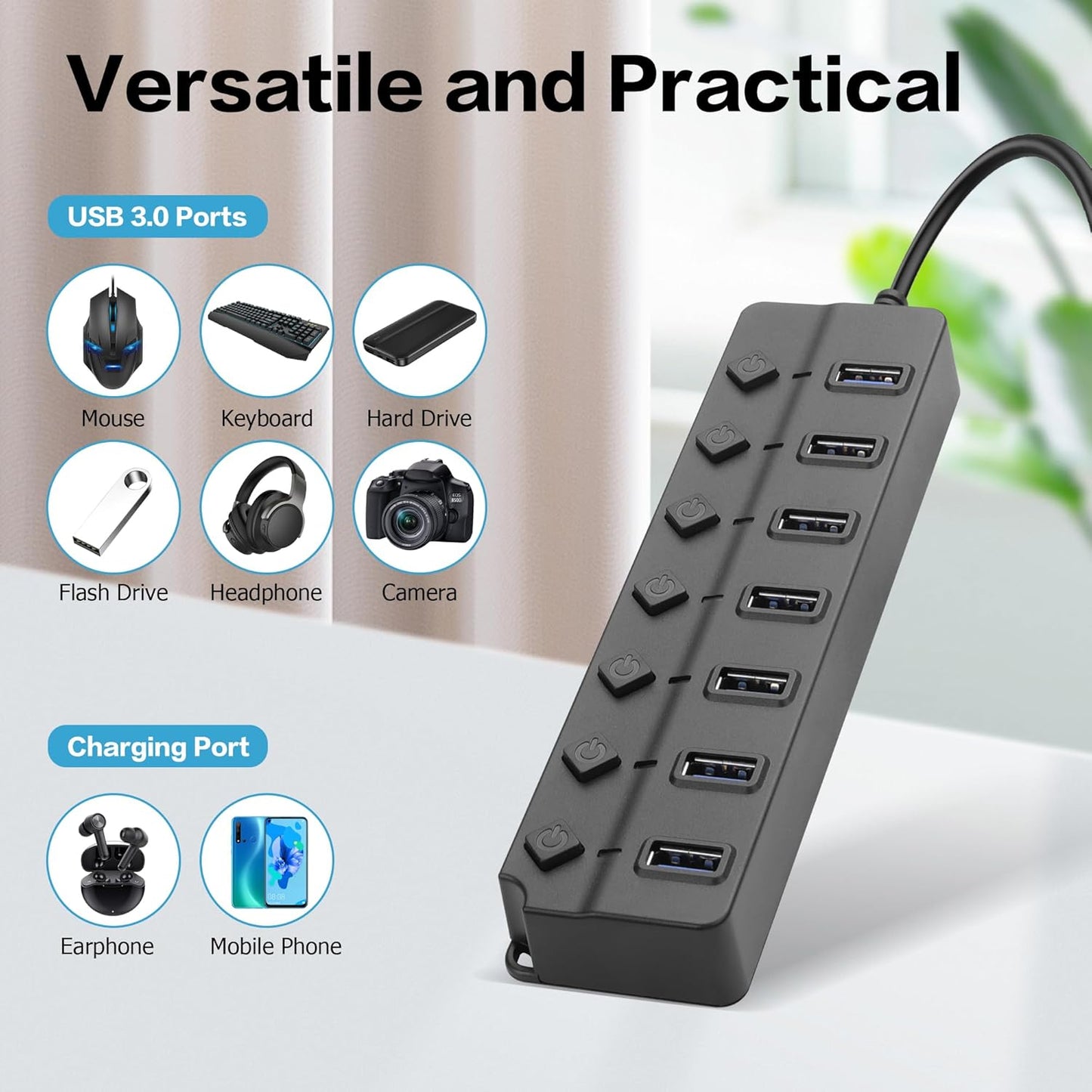 90 Degree USB Hub Splitter YACSEJAO USB 2.0 Data Hub with Individual LED Button On/Off Switch DC5.5 * 2.1 Power Port for Laptop,PC Computer (7 Ports, 0.3M)