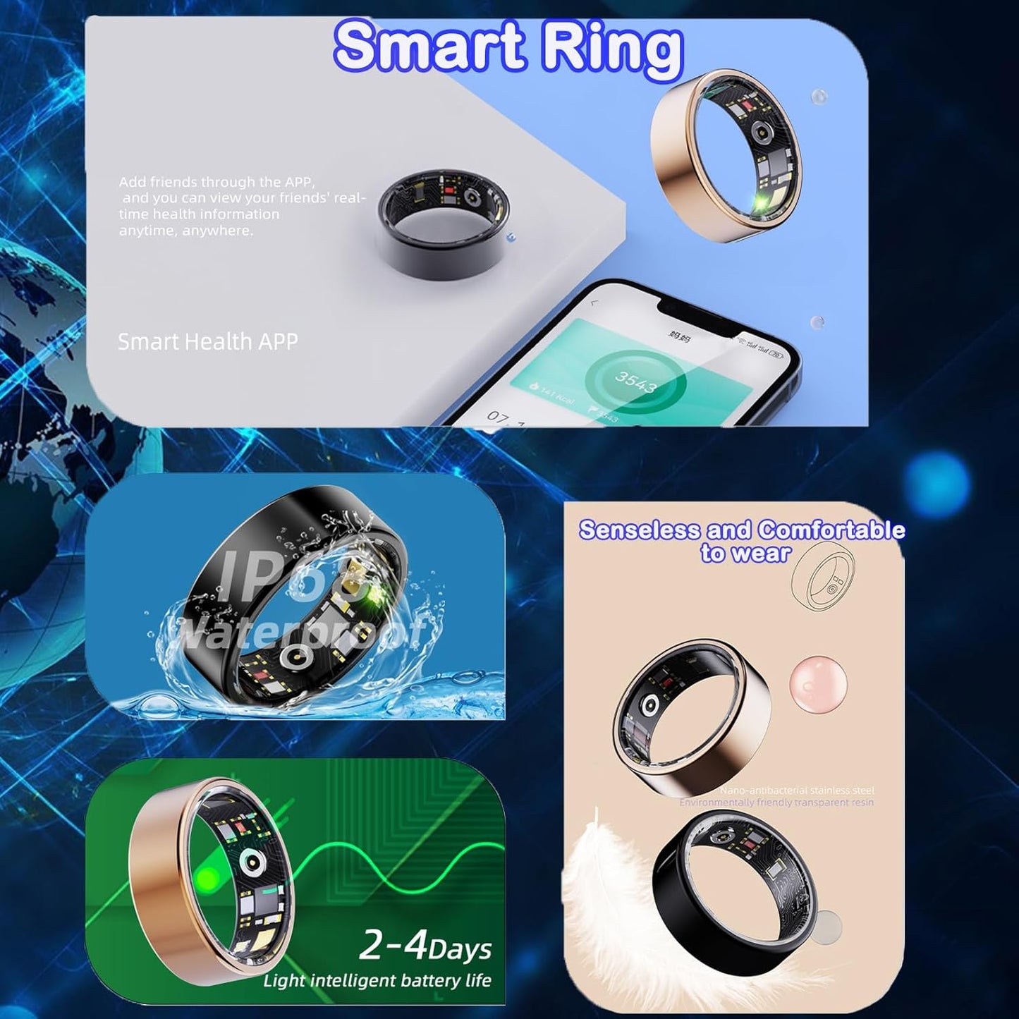 Smart Fitness ; Health Ring – Rechargeable Waterproof Activity & Sleep Tracker (Silver, Size 11)