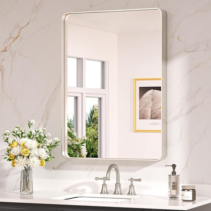 Keonjinn 42 x 36 Brushed Nickel Bathroom Vanity Mirror, Large Rounded Rectangle Bathroom Mirrors for over Sink, Metal Framed Silver Mirror for Wall, Shatterproof HD Tempered Glass(Horizontal/Vertical)