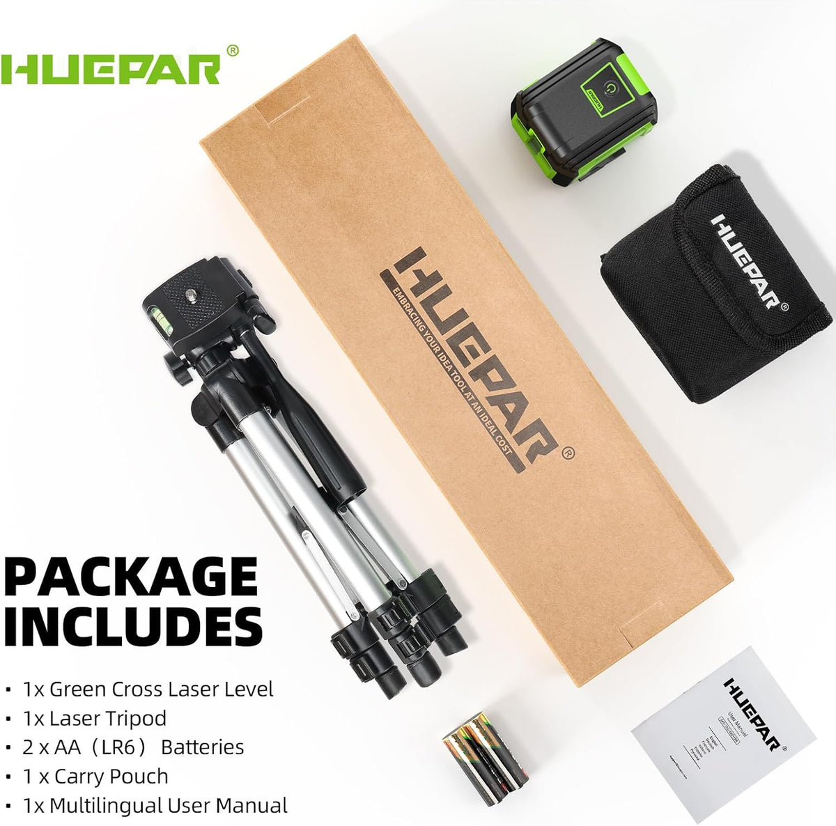 Huepar Green Cross Line Laser Level with 40in Tripod, Self-Leveling Within 4 Indoor Laser Leveler Tool, 100Ft Max Working Range in Low Light, for Picture Hanging, Tile Installation, Home Renovation