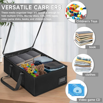 4 Pack-DVD Storage Boxes, PVC Clear Lid, DVD Case Holder Organizer with Index Labels-15.4"x 5.5"x 7.9" DVDs Storage Holder Bags for DVDs, CDs, Video Games, Books, Each Hold up to 25 DVDs Jewel Cases