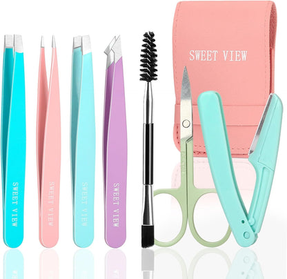 SWEET VIEW 7pcs Eyebrow Tweezers Set, Stainless Steel Tweezers for Women and Man, Precision Plucker Tweezers for Facial Hair, Chin, Eyebrow, Splinter and Ingrown Hair Removal
