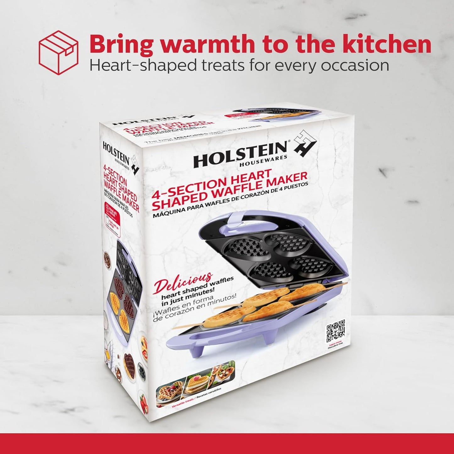 Holstein Housewares - Non-Stick Heart Waffle Maker, Lavender - Makes 4 Heart-Shaped Waffles in Minutes
