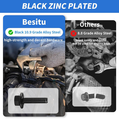 Besitu 280Pcs Metric Flange Bolt Assortment, M6x1.0, M8x1.25, M10x1.5 (12mm to 30mm) Assorted Hex Bolts and Nuts Washers Kit for Automotive, 10.9 Black Zinc Galvanized