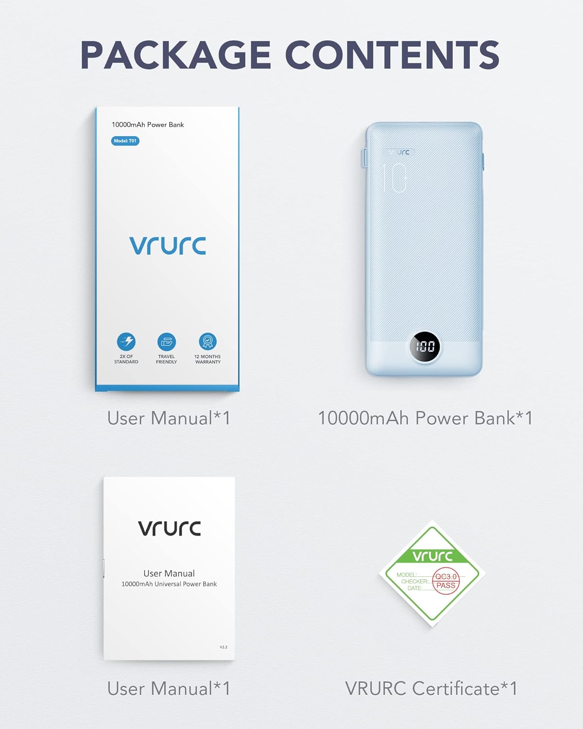 Power Bank Built-in Cables, VRURC 10000mAh Portable Charger USB C, Lightweight Charging Bank Built-in AC Plug, Replacement Battery Compatible with All Kinds of Cellphones, Tablet etc-Blue