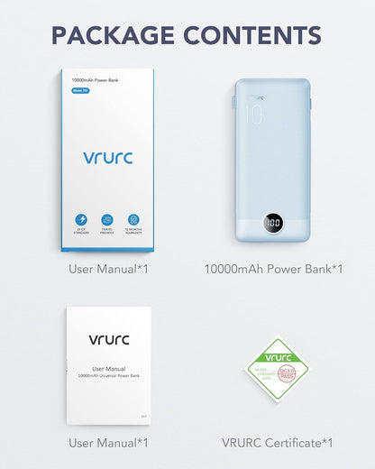 Power Bank Built-in Cables, VRURC 10000mAh Portable Charger USB C, Lightweight Charging Bank Built-in AC Plug, Replacement Battery Compatible with All Kinds of Cellphones, Tablet etc-Blue