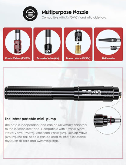 Tiakia Mini Bike Pump Portable Bicycle Pump Compact High Pressure Frame Pump 260PSI- Air Hand Pump Fit Presta, Schrader & Woods Valves,Aluminum Alloy Durable Tire Pump for Road/Mountain/BMX Bikes