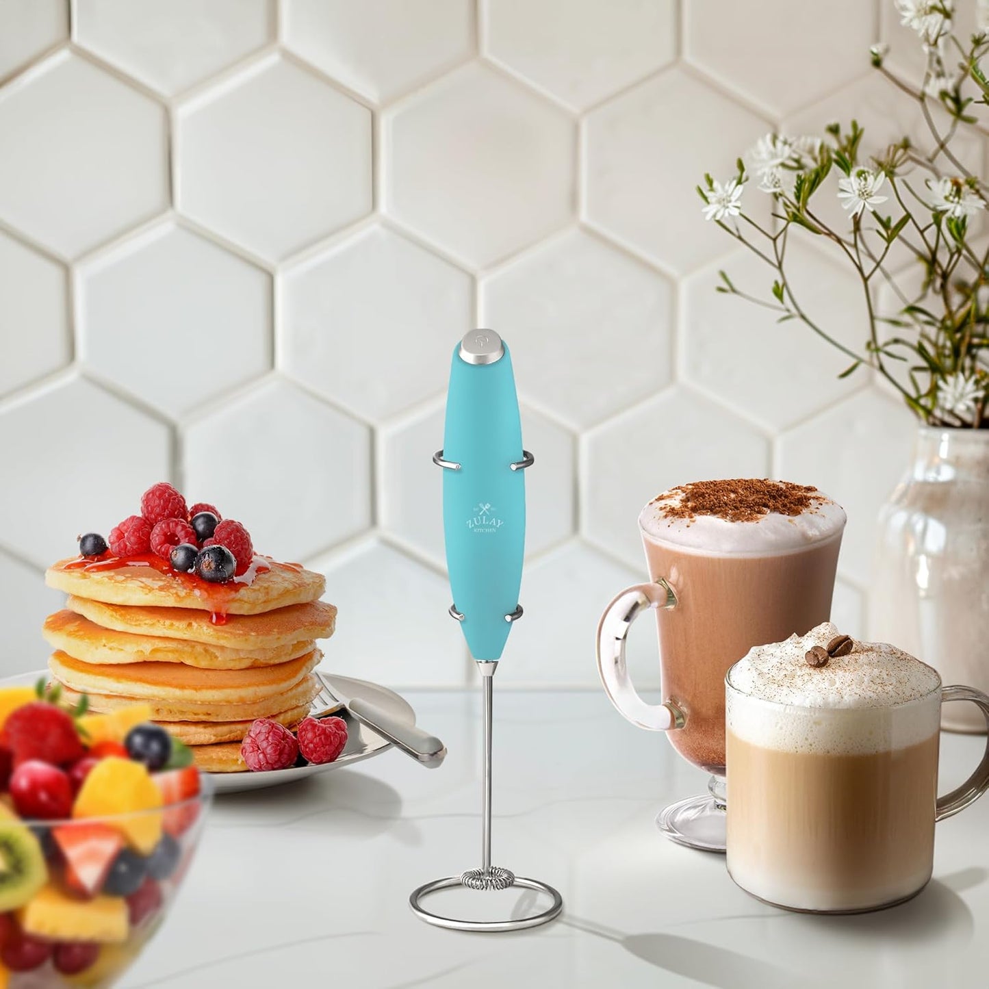 Zulay Kitchen Powerful Double Whisk Milk Frother Handheld - Foam Maker with Stand - Whisk Drink Mixer for Coffee, Mini Foamer for Latte, Matcha, Frappe, Hot Chocolate & Cappuccino (Black)