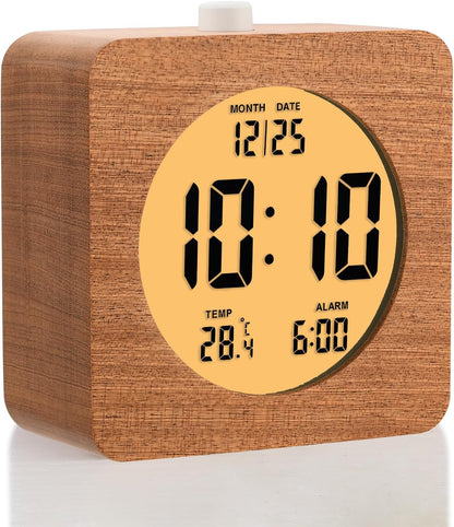 Plumeet Wooden Digital Alarm Clock for Bedrooms, Wood 4'' Battery Powered Alarm Clock with Snooze and Nightlight, Electronic LCD Desk Clock Display Time, Date, Temp, 12/24H, Wood Décor (Sapele, 3.2'')