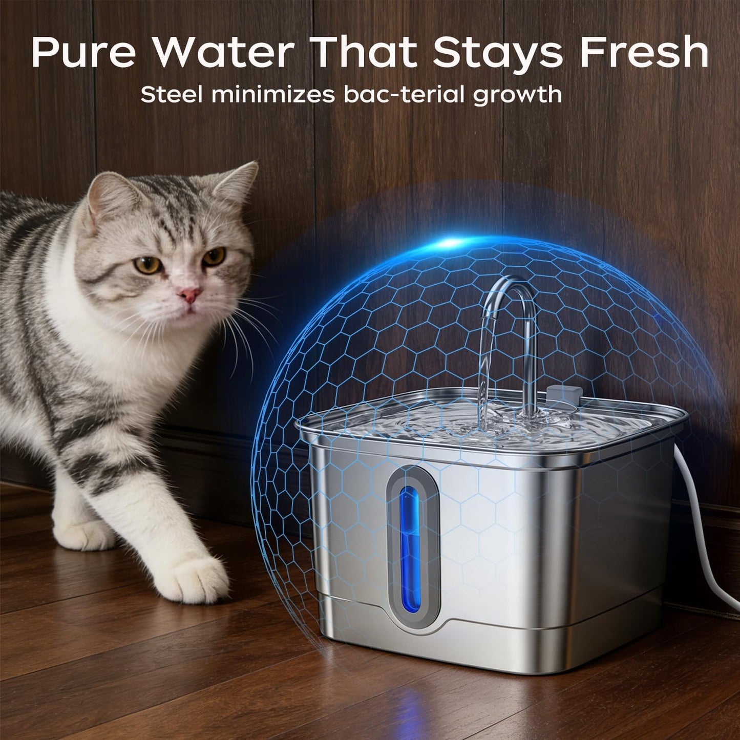 Cat Water Fountain, 101oz/3L Stainless Steel Pet Water Dispenser | Ultra-Quiet 25 dB Cat Fountain with Water Level Window, 2 Filters & 2 Sponges Included for Indoor Cats