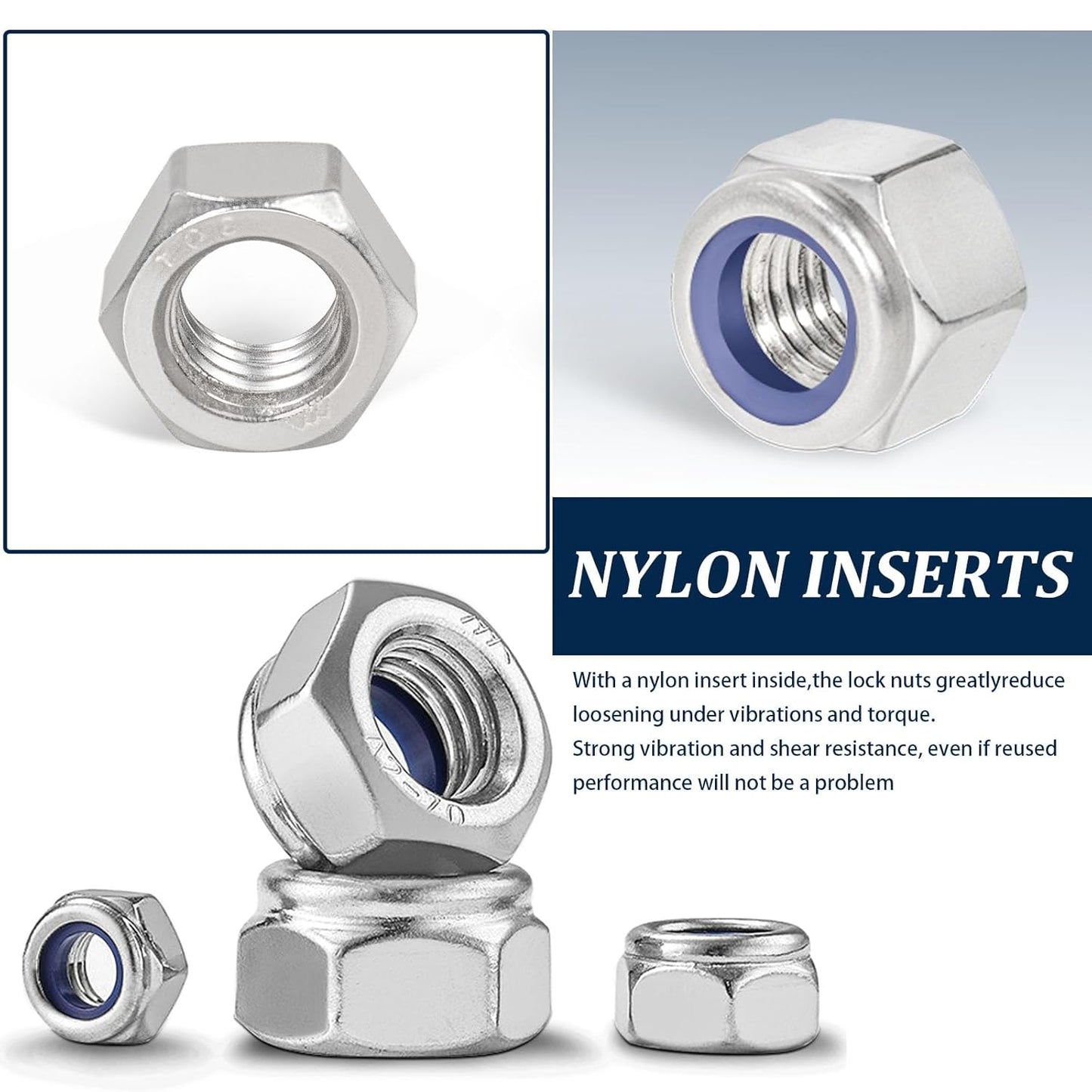 Vifmy 110 Pack 1/4"-20 Inch Lock Nuts,304 (A2-70) Stainless Steel Nylon Insert Locknuts,Standard Inch Thread Nylock Nuts for Bolts