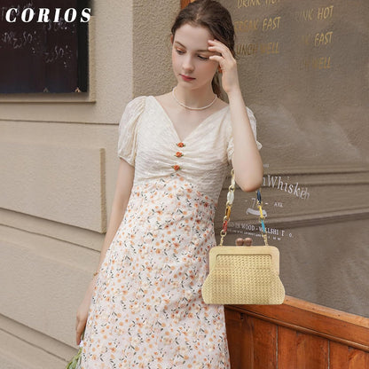 CORIOS Women Evening Bag Pleated Clutch Bag Wooden Beads Handbag Bridal Wedding Purse Elegant PU Leather Shoulder Bag