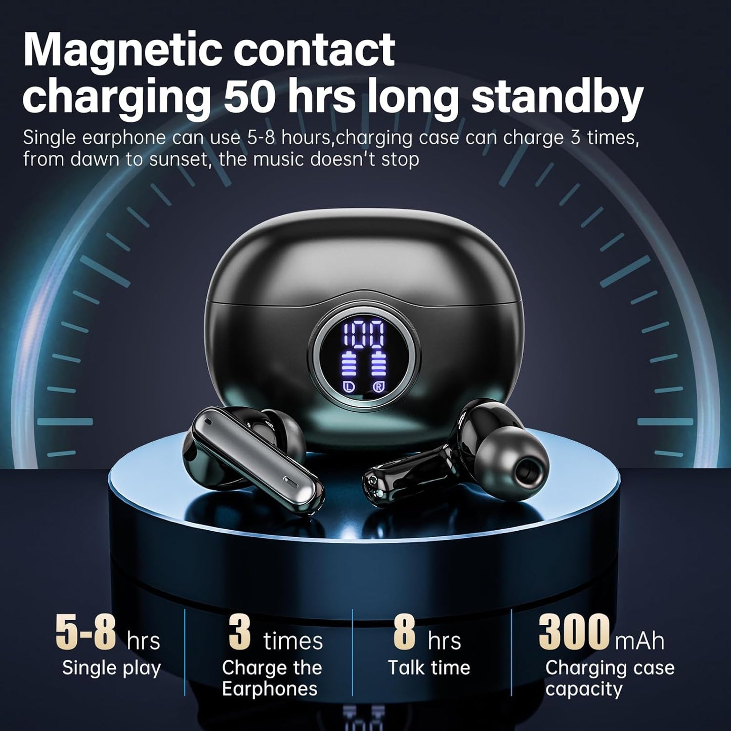 Sisism A10 Pro Wireless Earbuds, Bluetooth 5.3 Headphones HiFi Stereo 40H Playback LED Digital Display Ear Buds with ENC Noise Canceling Headset, IPX7 Waterproof Earphones for Gym/Running/Work Black