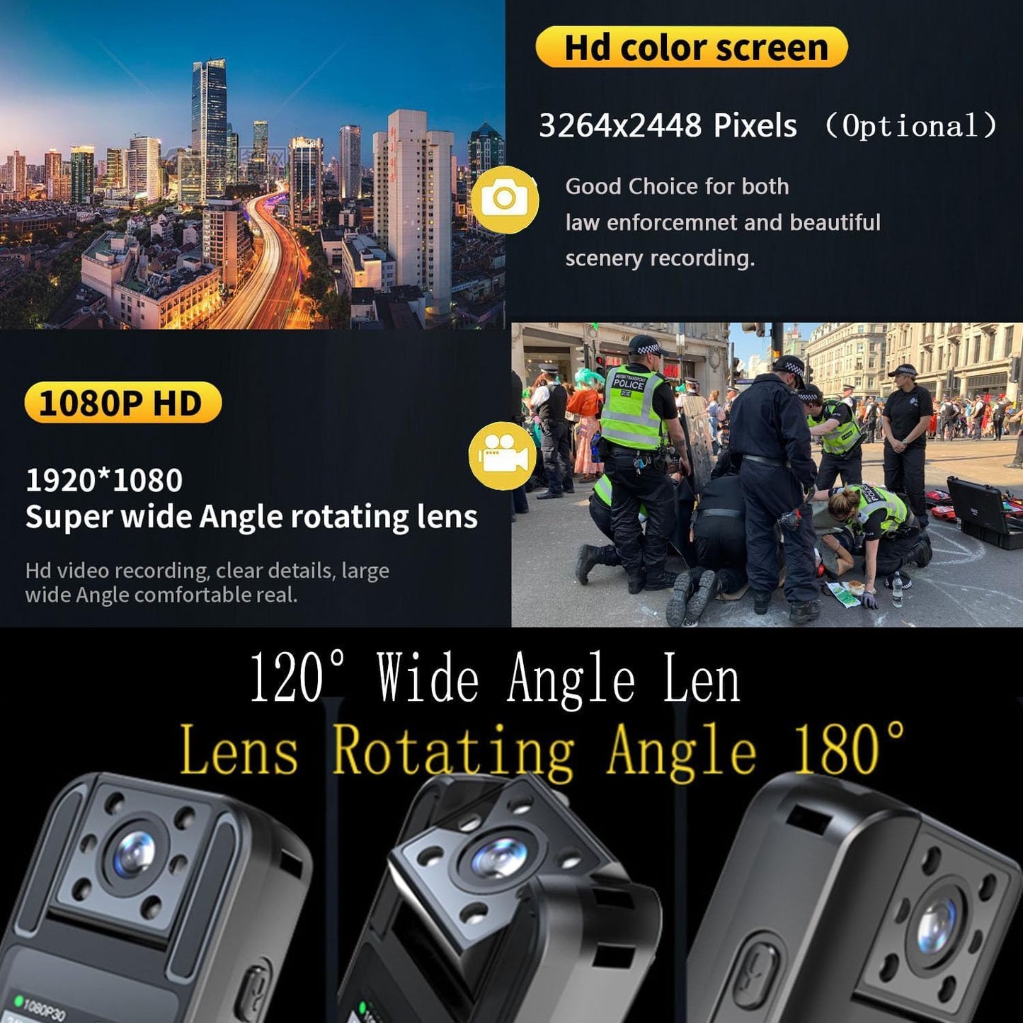 1080P Body Cameras with Audio and Video Recording| 180° Rotating Lens | 6-8HR Battery | Night Vision | 64GB SD Card | 1.3" LCD | Portable Security Cam for Police, Law Enforcement, Outdoors & Meetings