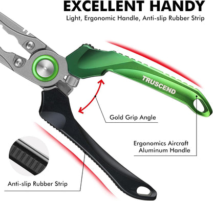 TRUSCEND Lockable Handy Fishing Pliers with Innovative Ergonomic Handle, Saltwater Corrosion Resistant Teflon Coated Fishing Tool, Multi-Function Fishing Gear with Mo-V Cutter, Amazing Fishing Gift