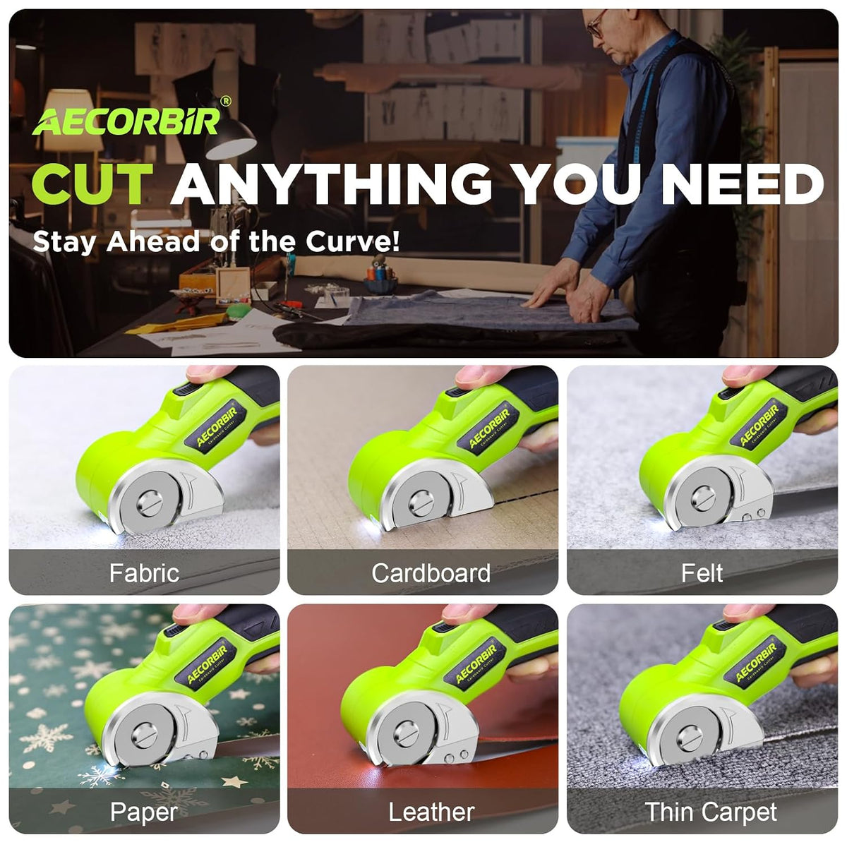 Cordless Electric Scissors: 4V Rechargeable Rotary Cardboard Cutter, 3000mAh Battery, with LED Light & Safety Lock, 2 Blades, Electric Box Cutter for Fabric Carpet Carton Plastic Leather Cloth