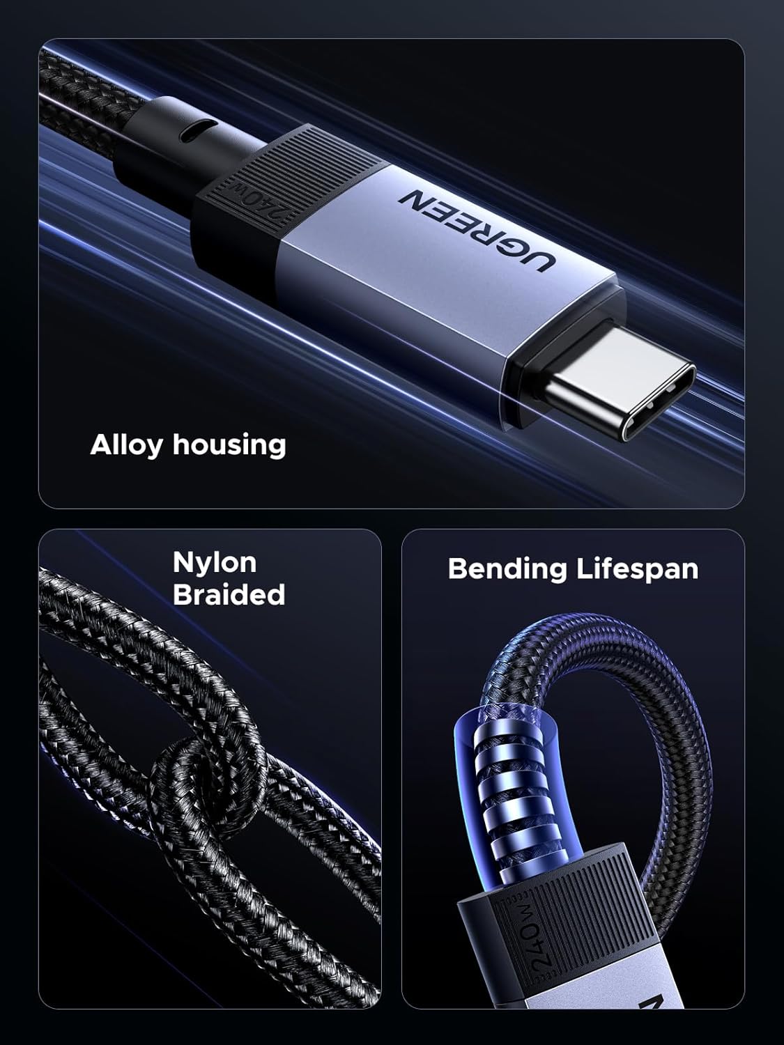 UGREEN 240W USB C Cable 40Gbps USB C to USB C Cable USB4.0 GEN3 8K 60Hz PD 3.1 Video Cable Compatible with USB C Monitors, Hubs, Docks, MacBook Air, iPhone 16 15 Pro Max, Galaxy S25 S24 Ultra, 3 Feet