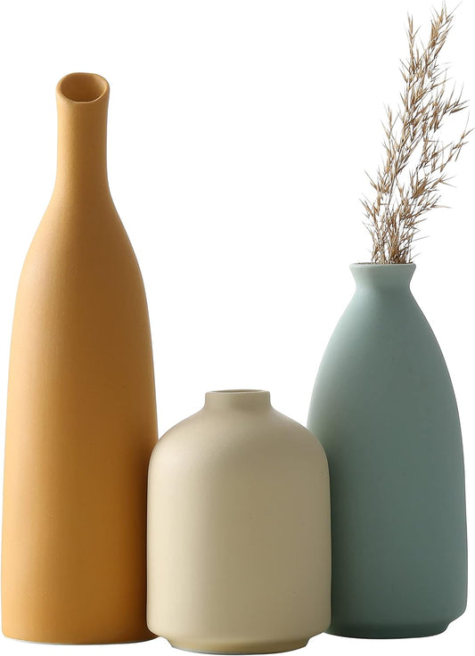 Vases Home Decor, Modern Farmhouse Decor Vase Set of 3, Small Flower Vases for Table, Living Room Vase, Book Shelf Vases for Decor, Bookshelf Decor Vase and Entryway, Ceramic Vase