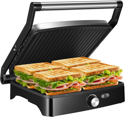 OSTBA Panini Press Grill Indoor Grill Sandwich Maker with Temperature Setting, 4 Slice Large Non-stick Versatile Grill, Opens 180 Degrees to Fit Any Type or Size of Food, Removable Drip Tray, 1200 W