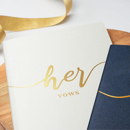 Vekola Vow Books for Wedding His and Hers Elegant Gold Foil Set of 2 Wedding Notebook with 28 Pages (Navy Blue+White)