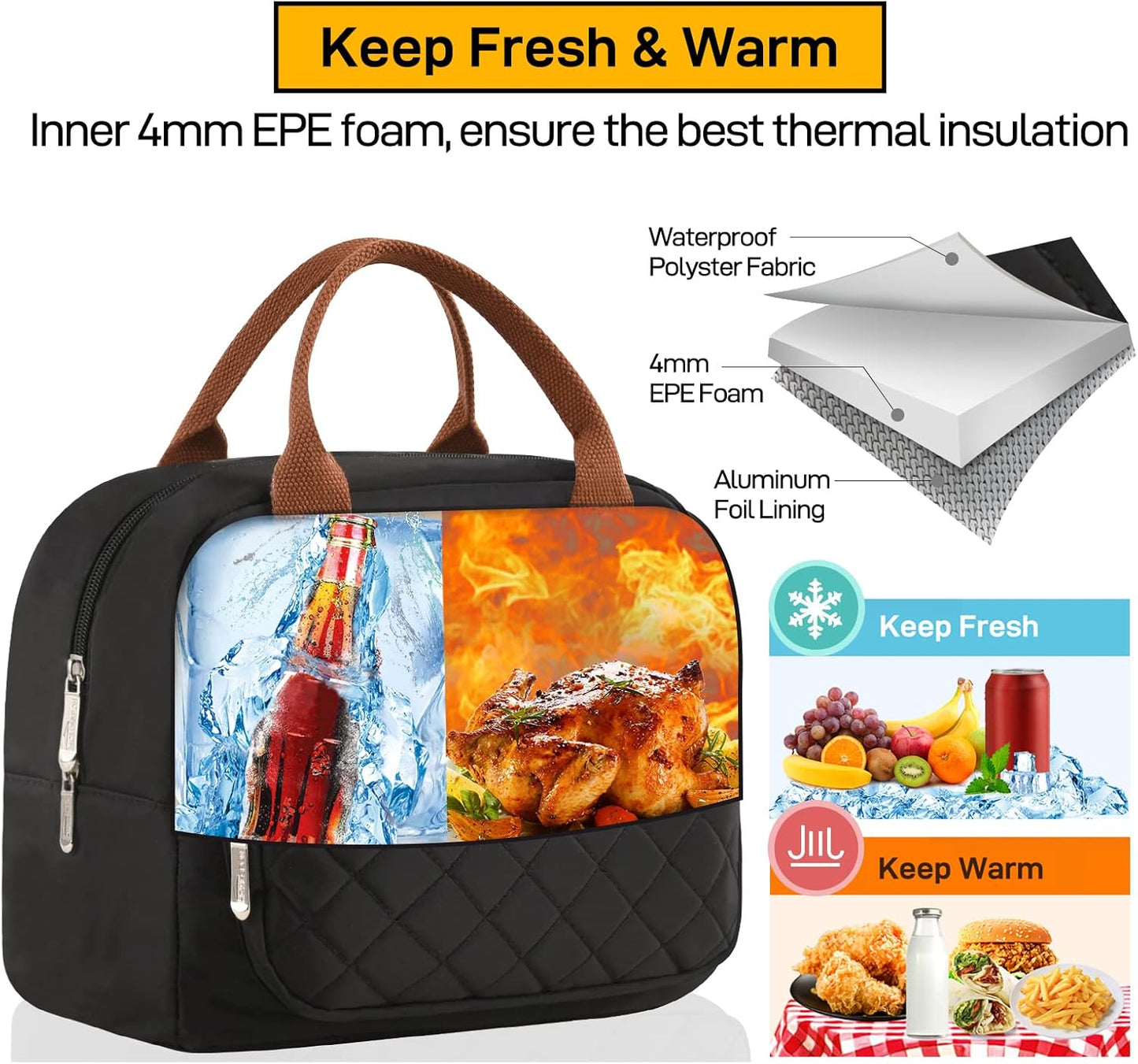 HOMESPON Lunch Bag for Woman Man Adults with Front Pocket Insulated Lunch Tote Lunch Box Container for Work Picnic or Travel(Black)