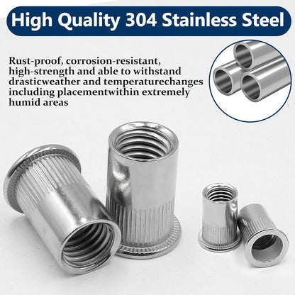 Vifmy Metric & SAE Rivet Nut Assortment Kit(420 Pcs),m3 m4 m5 m6 m8 m10 m12#6-32#8-32#10-24 1/4"-20 5/16"-18 3/8"-16 UNC Flat Head Rivnut Set,Zinc Plated Finish Carbon Steel Nutsert