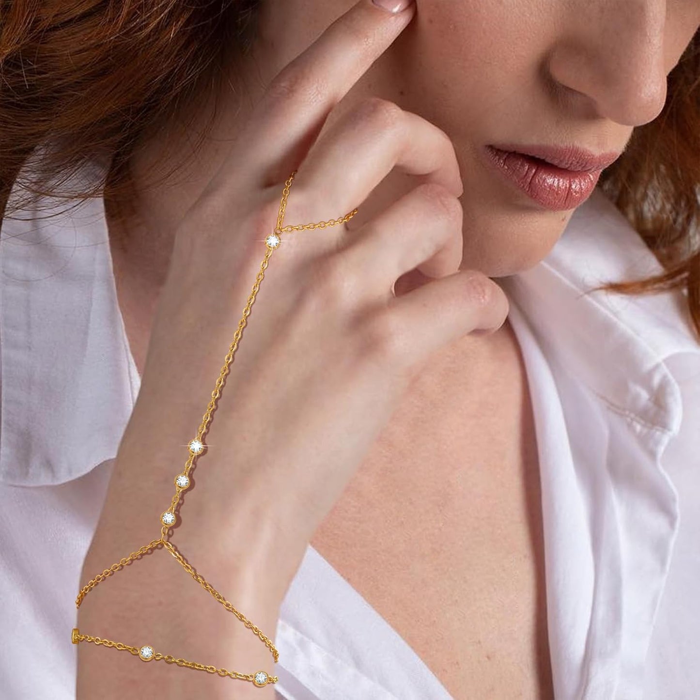 Hand Chain Ring Bracelet For Women, 14k Gold Plated Dainty Cubic Zirconia Minimalist Finger Ring Bracelet, Trendy Stuff Jewelry Gifts To Wife Girfriend Daughter Sister BBF, 17.5cm/7.5cm