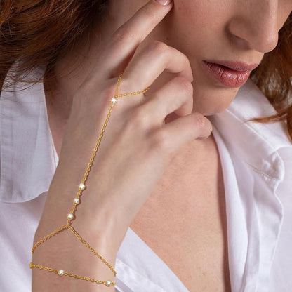 Hand Chain Ring Bracelet For Women, 14k Gold Plated Dainty Cubic Zirconia Minimalist Finger Ring Bracelet, Trendy Stuff Jewelry Gifts To Wife Girfriend Daughter Sister BBF, 17.5cm/7.5cm