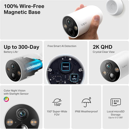 TP-Link Tapo Solar-Powered Security Camera Kit, 2K Wireless Battery Camera w/Solar Panel Base, Smart Person Detection, SD/Cloud Storage, Spotlight Color Night Vision, No Hub Needed (Tapo C410 KIT)