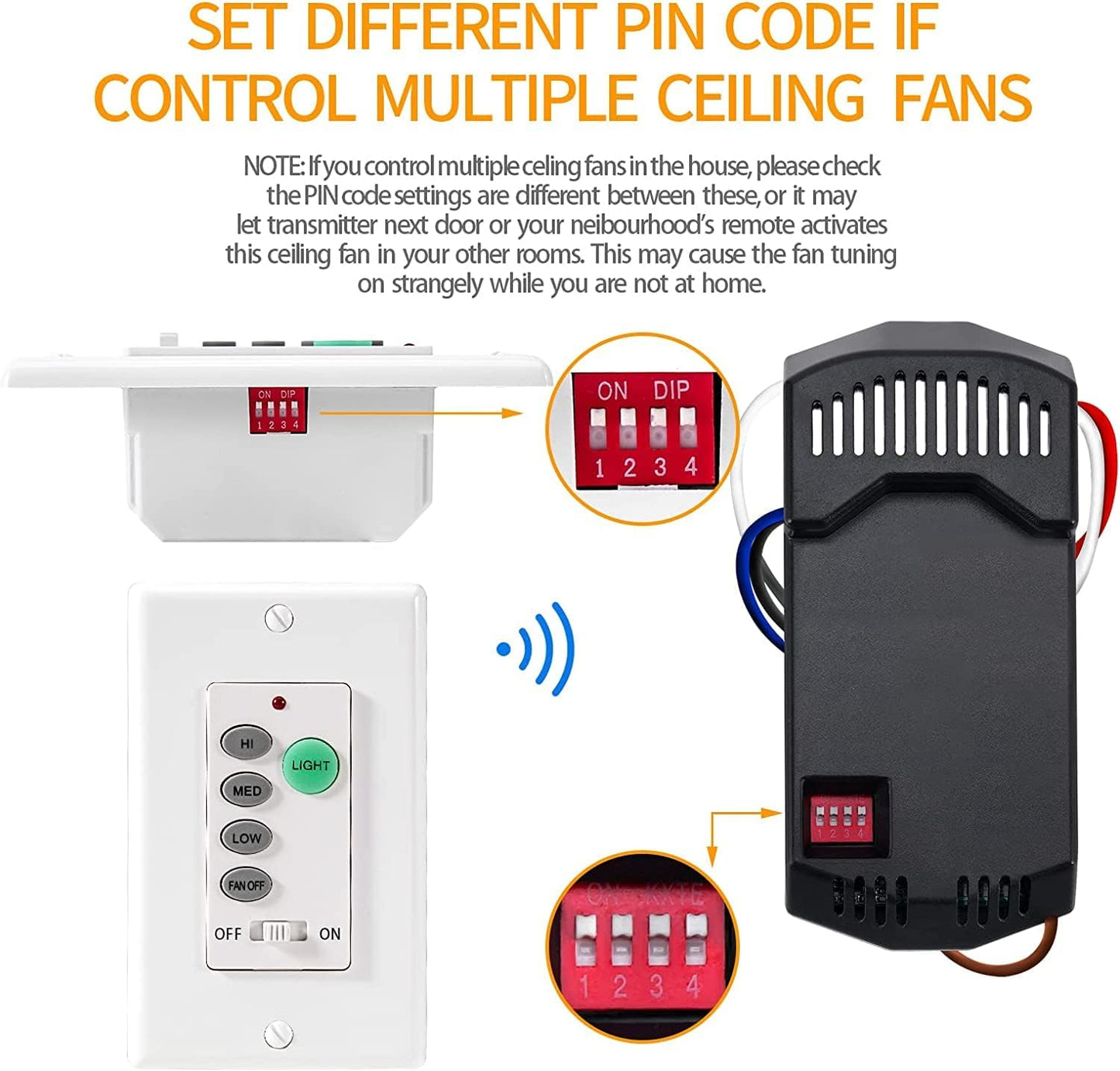 Universal Ceiling Fan Wall Remote Control 3 Speed Light Dimmer Switch 4-DIP Compatible with Hampton Bay, Harbor Breeze, Hunter (Wall Remote Control Only)