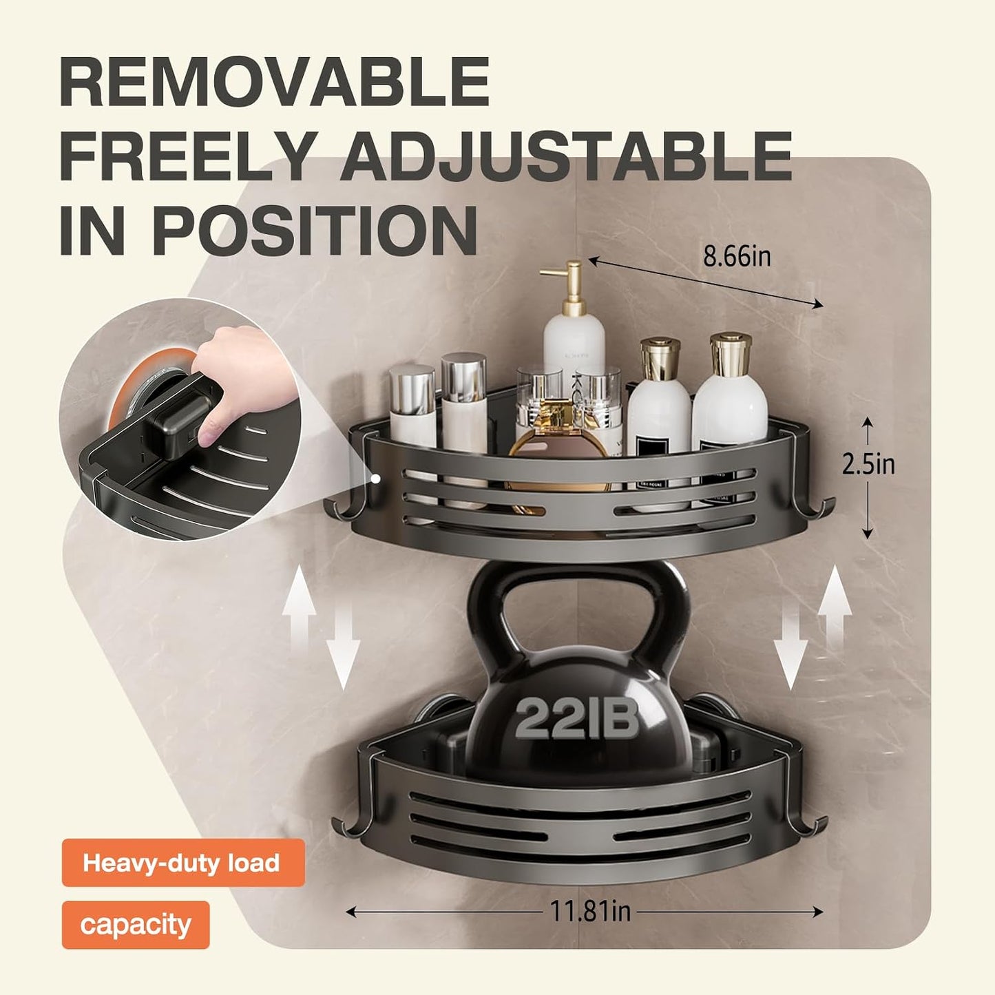 Tokokimo Corner Shower Caddy Suction Cup, 2-Pack Aluminum Bathroom Shelf Shower Rack, Detachable and Reusable, No Drilling, Grey