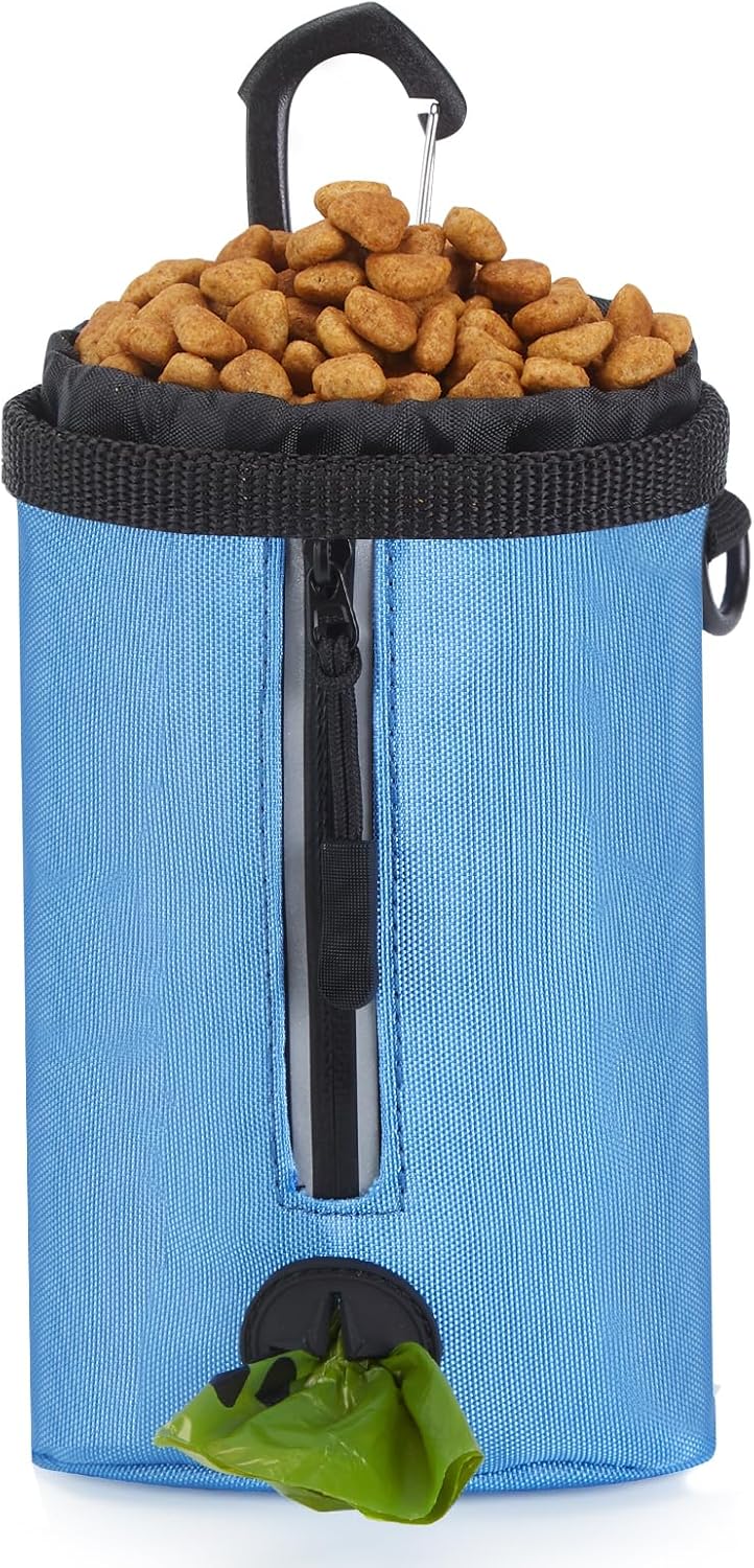 Ownpets Dog Treat Pouch, Pet Training Treat Bag with Drawstring Closure Design, Dog Treat Bag for Dogs Walks,Outdoor Activities, with Poop Bag Dispenser& Reflective Strip, 825ml Capacity (Blue)