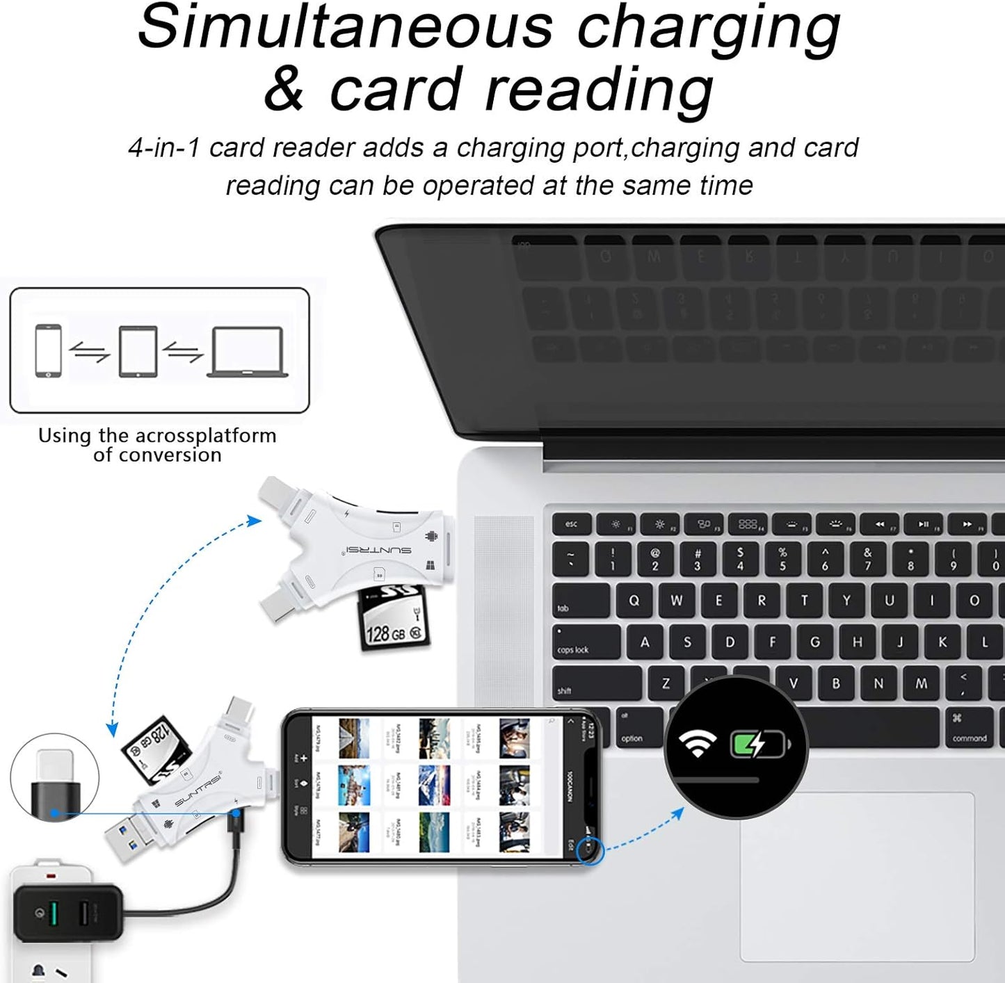SD Card Reader for iPhone/ipad/Android/Mac/Computer/Camera,4 in1 Micro SD Card Reader Trail Camera Viewer, Portable Memory Card Reader SD Card Adapter for SD and TF Cards(White) (White)