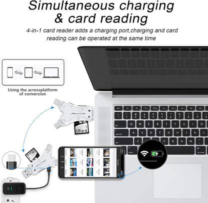 SD Card Reader for iPhone/ipad/Android/Mac/Computer/Camera,4 in1 Micro SD Card Reader Trail Camera Viewer, Portable Memory Card Reader SD Card Adapter for SD and TF Cards(White) (White)