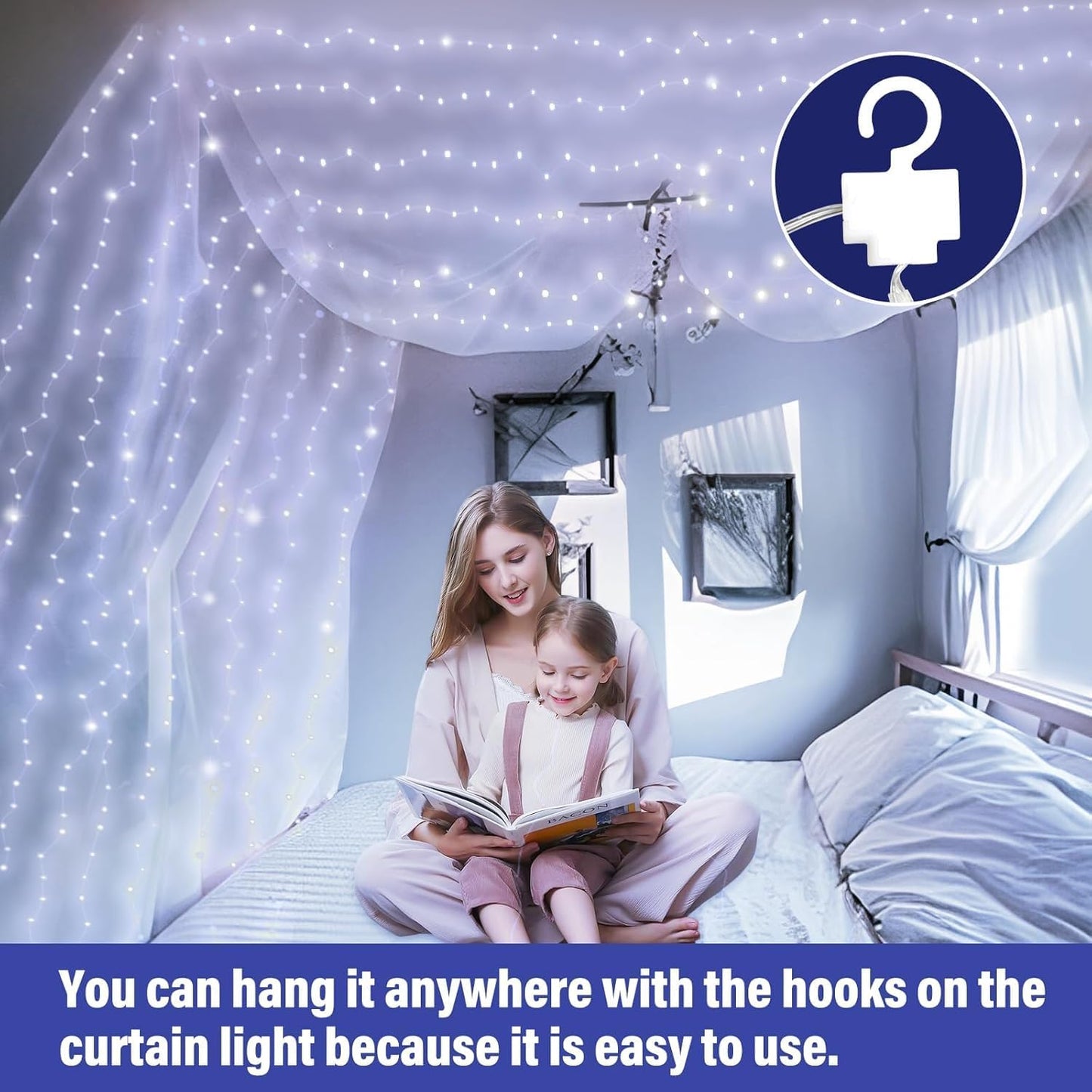 2 Pack Fairy Curtain Lights, Total 600 LED USB Plug in 8 Modes 9.8x9.8Ft Christmas String Hanging Lights with Remote for Bedroom, Indoor, Outdoor, Weddings, Party, Wall, Decorations, Warm White