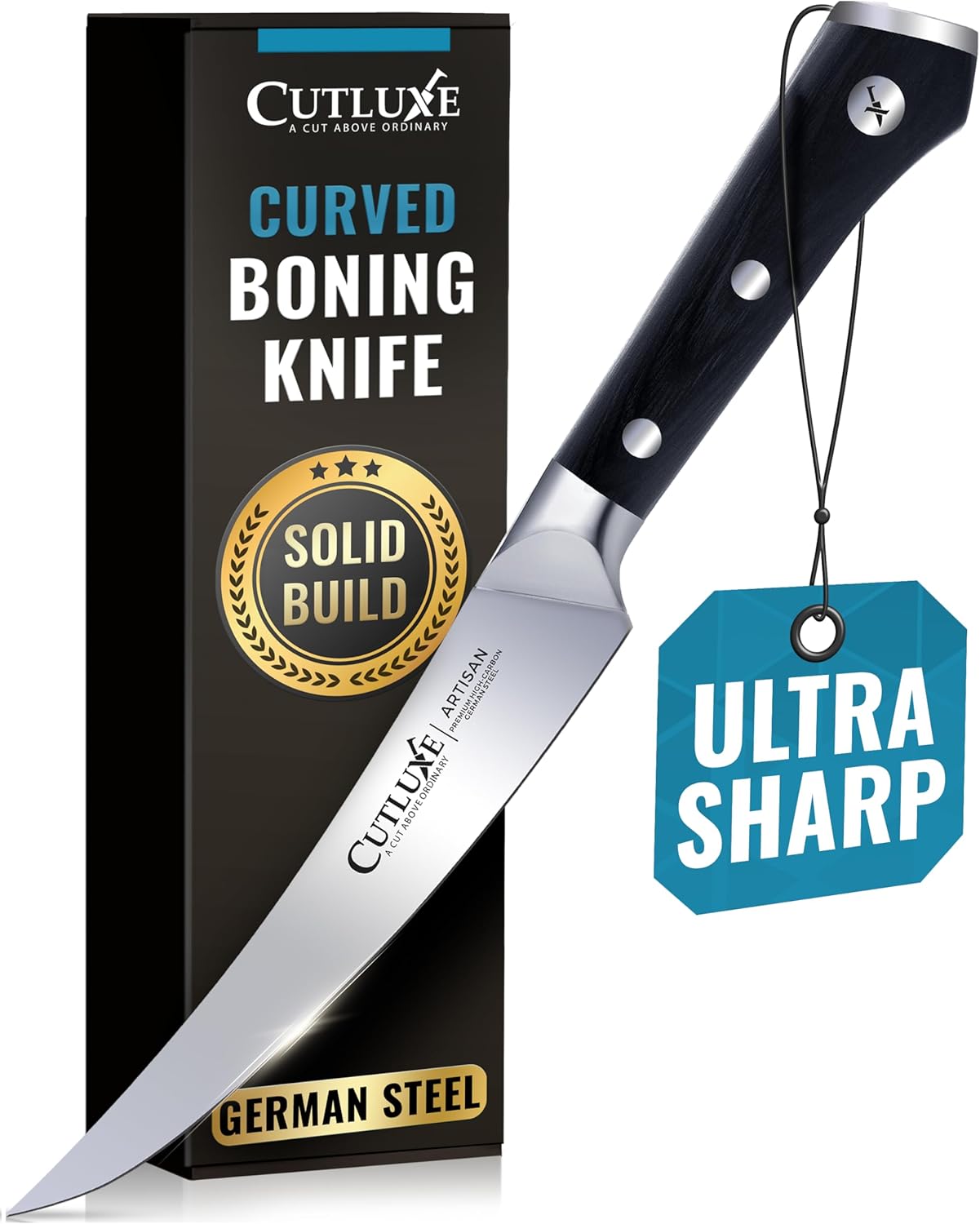 Cutluxe Curved Boning Knife – 6" Boning Knife for Meat Cutting, Fillet Knife – High Carbon German Steel, Full Tang & Ergonomic Handle Design – Artisan Series