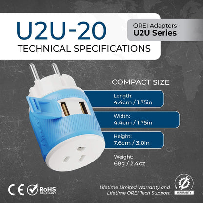 OREI South Africa, Botswana, Namibia Travel Plug Adapter with Dual USB - USA Input - Type M (U2U-10L), Will work with Cell Phones, Camera, Laptop, Tablets, iPad, iPhone