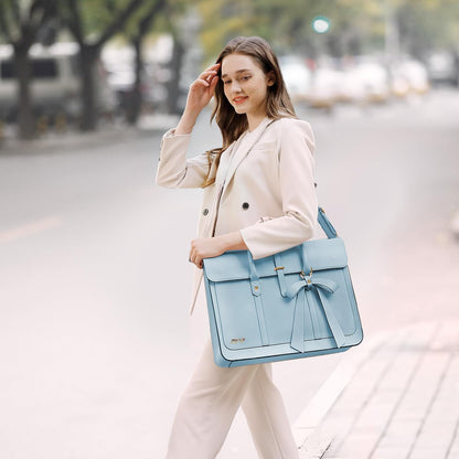 MOSISO Laptop Bag for Women, PU Leather Laptop Shoulder Bag Convertible Backpack, Work Travel Computer Bag with Bowknot - PuriLite