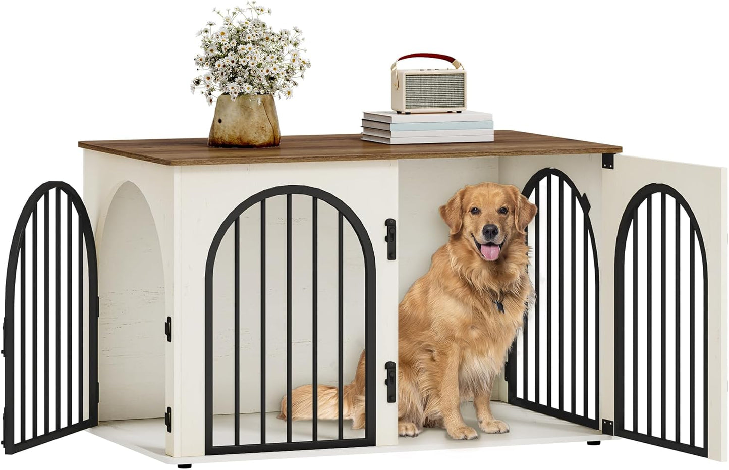 Hzuaneri 100 cm Wooden Dog Crate Furniture, Indoor Dog Kennel Dogs Cage for Small/Medium/Large Dogs, Heavy Duty Dog Crates Decorative Pet House End Side Table TV Stand, White Brown DFC84114B