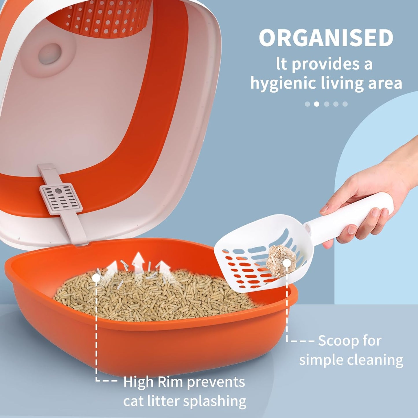 PawHut Foldable Large Cat Litter Box with Lid, Covered Kitten Litter Box w/Automatic Cat Litter-Proof Sides, Deodorization, Easy to Clean, White and Grey